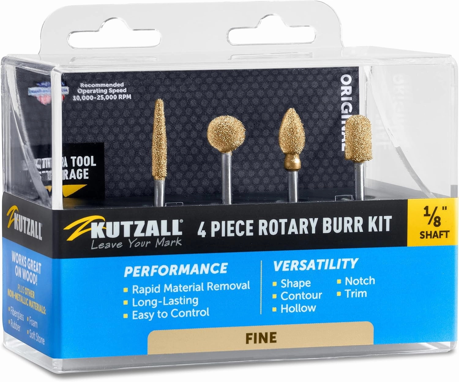 Kutzall 4-Piece Rotary Burr Kit - 1⁄8" Shaft, Fine - Wood Carving Bits for Dremel, Foredom, Ryobi, DeWalt, Milwaukee Tools - Structured Tungsten Carbide