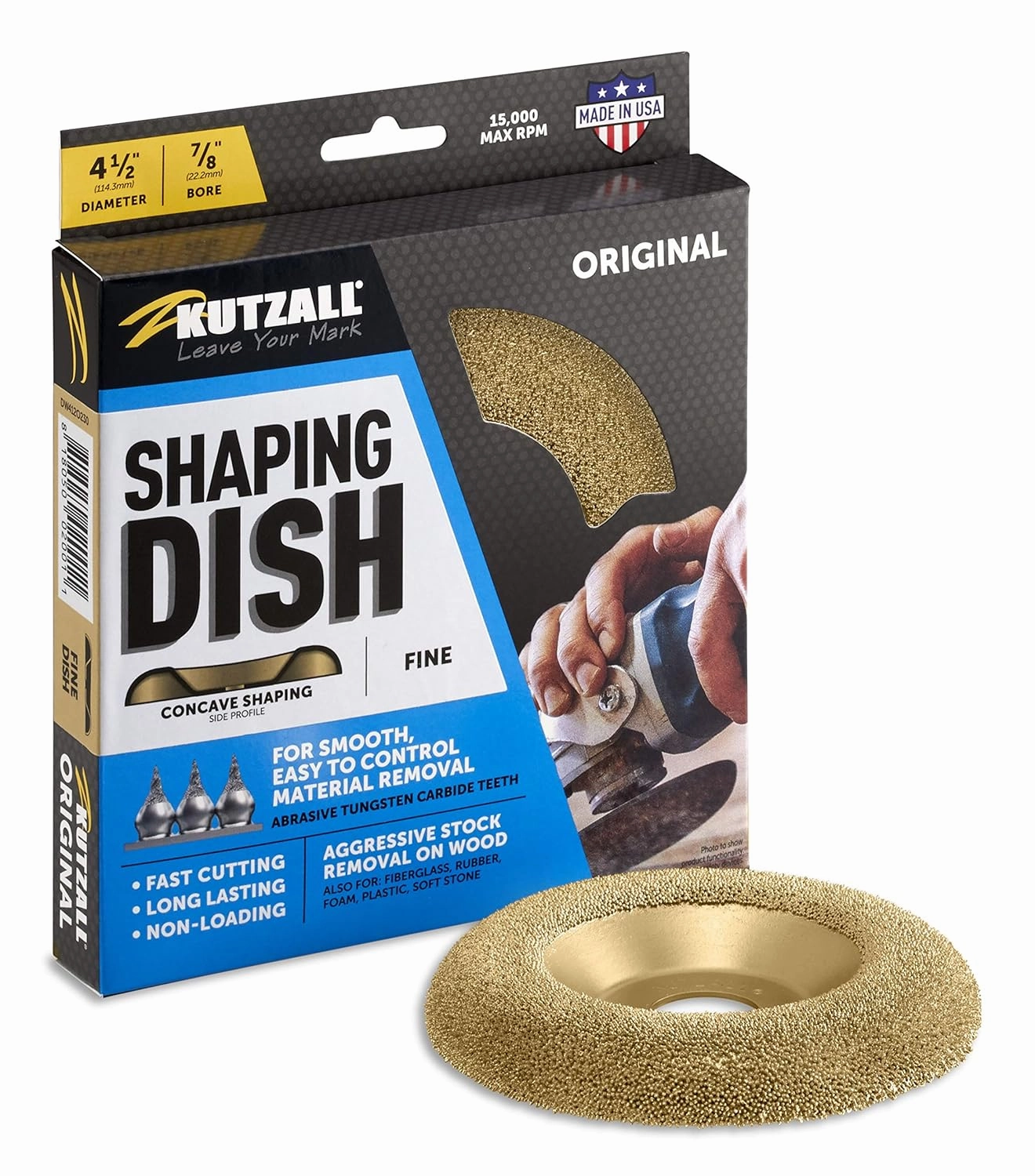 Kutzall Original Shaping Dish - Fine, 4-1⁄2" (114.3mm) Dia. X 7⁄8" (22.2mm) Bore - Woodworking Angle Grinder Attachment for DeWalt, Bosch, Milwaukee. Abrasive Tungsten Carbide, DW412O230
