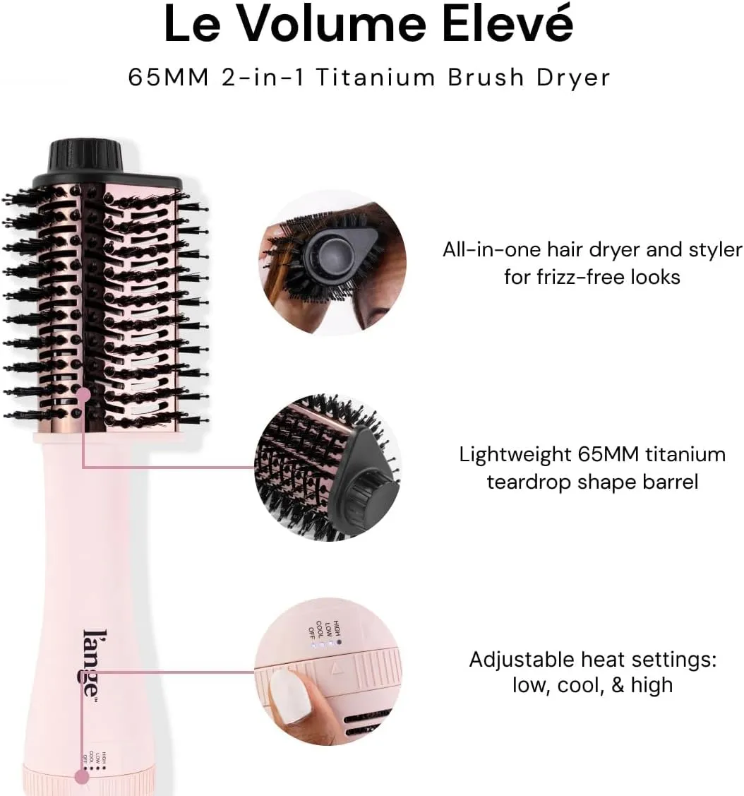 L'ANGE HAIR Le Volume Elevé 65MM 2-in-1 Titanium Brush Dryer | Dry and Style | Unique Teardrop Shape Barrel | 3 Heat Settings | 360° Vented Airflow | Ionic Technology for Frizz-Free Styling (Blush)