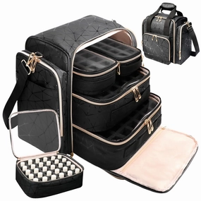 Large Nail Polish Organizer Bag Holds 80 Bottles (15ml/0.5 fl.oz), Portable Nail Lamp Kit Shoulder Case with 4 Removable Pouches, Multiple Pockets for Nail Supplies Storage PU Leather (Black)