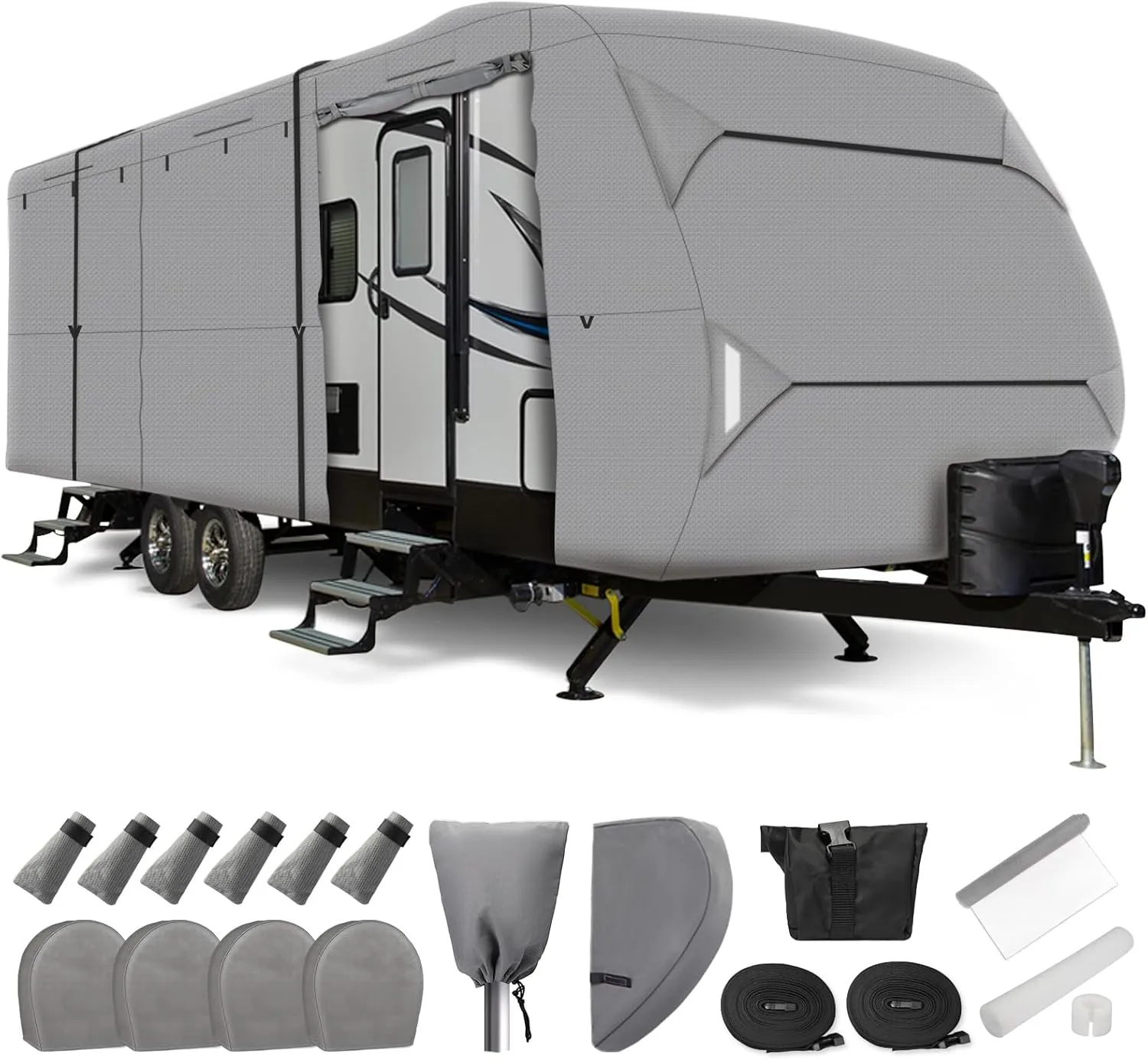 Leader Accessories RV Cover 24'-27' ft Travel Trailer Cover Windproof Extra Thick 5 Layers Upgraded Camper Cover with Tire Covers, Grey