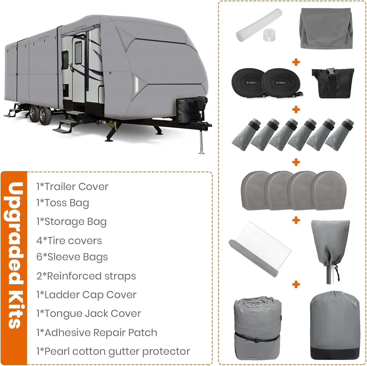 Leader Accessories RV Cover 24'-27' ft Travel Trailer Cover Windproof Extra Thick 5 Layers Upgraded Camper Cover with Tire Covers, Grey
