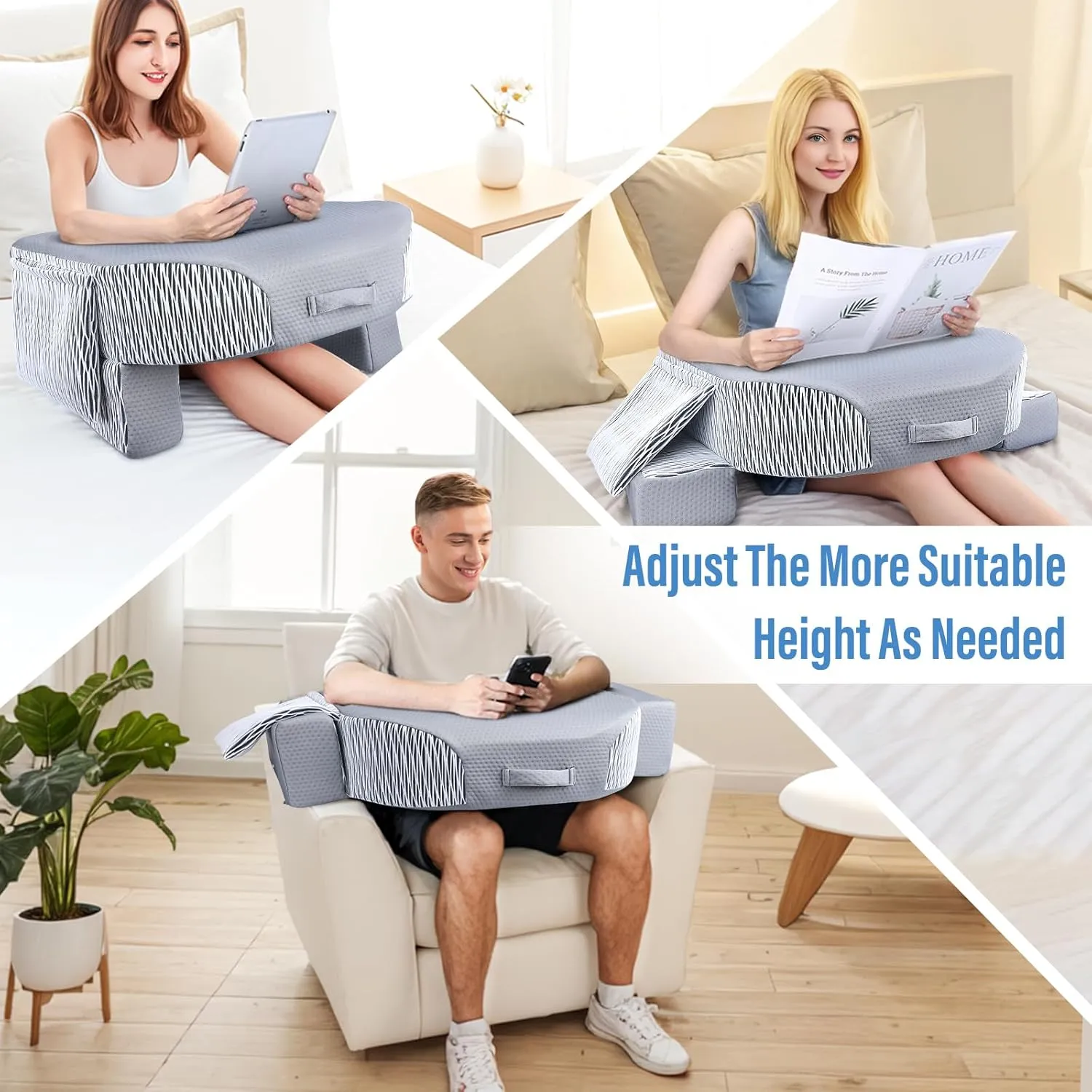 LEBENGURU Reading Pillow for Laptop, Extra Large Armrest Gaming Pillow for Working, Hight Adjustable Lap Desk Pillow for Adult Sitting in Bed, Floor, Sofa（Stripe and Grey）