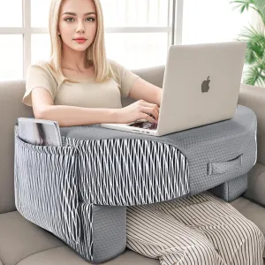 LEBENGURU Reading Pillow for Laptop, Extra Large Armrest Gaming Pillow for Working, Hight Adjustable Lap Desk Pillow for Adult Sitting in Bed, Floor, Sofa（Stripe and Grey）