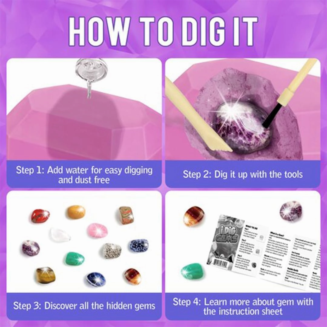 Liberty Imports 12-Pack Gem Digging Kit for Kids - Exciting Gemstone Mining Adventure - Educational STEM Crystal and Mineral Excavation – Party Favor Science Toys
