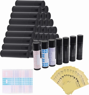 Lip Balm Container Kit - 50x Lip Balm Tubes (Black), 50x Writable Sticker (3 colors), 50x Printed Stickers (Transparent) - for DIY Lip Balm - DIY Homemade Cosmetics - Home Travel Gift Idea
