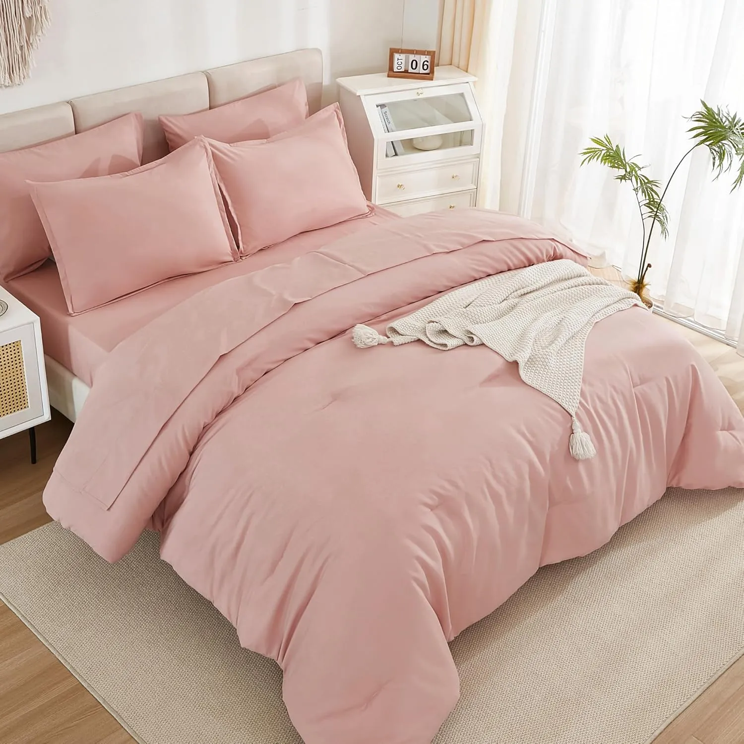 Litanika Comforter Full Size Set Blush Pink - 7 Pieces Bed in a Bag Full Beddding Comforter Sets, Plain Lightweight Bed Set with Comforter, Sheets, Pillowcases & Shams
