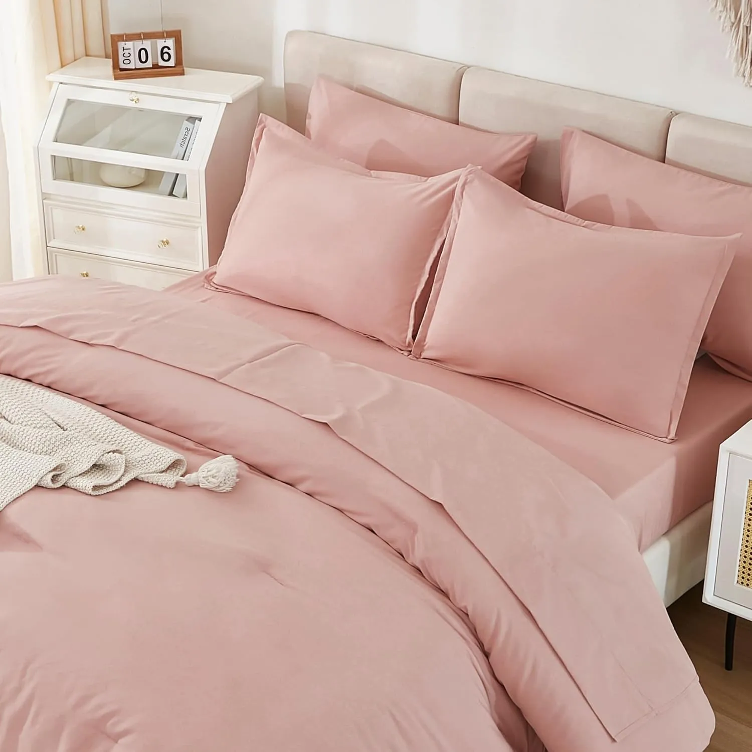 Litanika Comforter Full Size Set Blush Pink - 7 Pieces Bed in a Bag Full Beddding Comforter Sets, Plain Lightweight Bed Set with Comforter, Sheets, Pillowcases & Shams