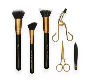 Little Black Bundle - 7 Piece Set | Face Brush Trio, Expert Slant Tweezer, Lash Applicator, Brow Scissors, and Pouch