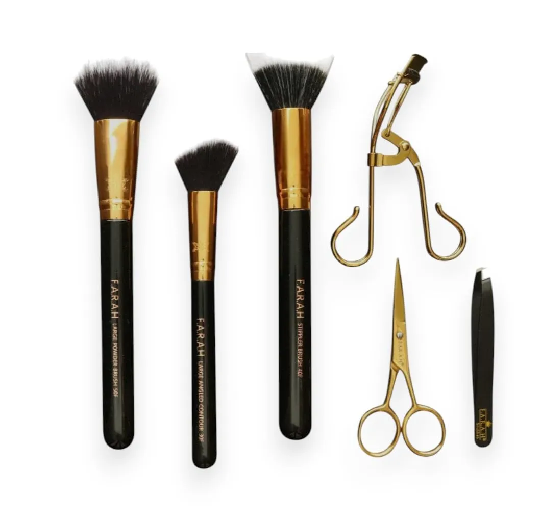 Little Black Bundle - 7 Piece Set | Face Brush Trio, Expert Slant Tweezer, Lash Applicator, Brow Scissors, and Pouch