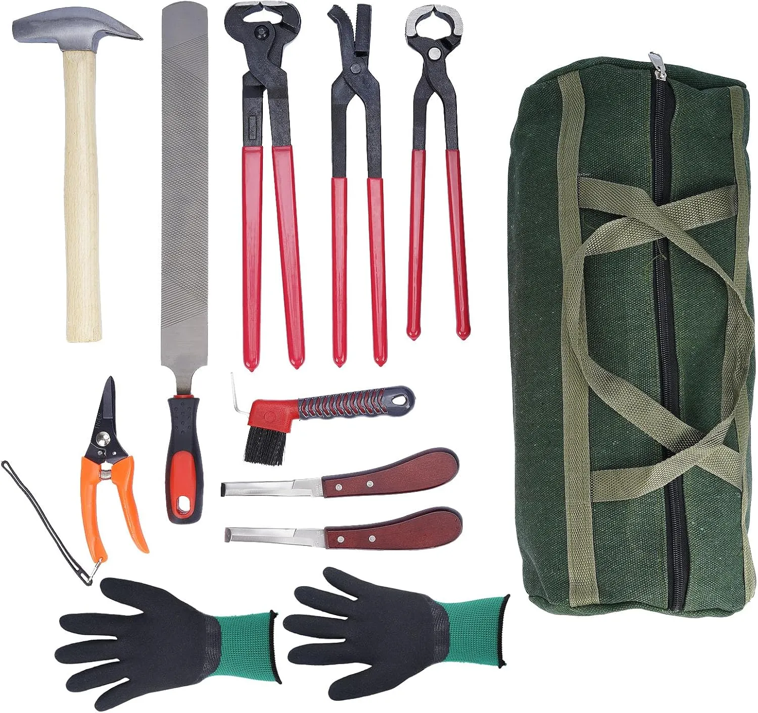 lukar 12PCS Farrier Tools Kit Includes Horse Hoof Nipper, Horseshoe Cutting Pliers, Hoof Nail Clincher, Goat Hoof Trimmers Shear, Hoof Hammer, Hoof Knife, Rasp File, Horseshoe Brush, Handbag, Gloves