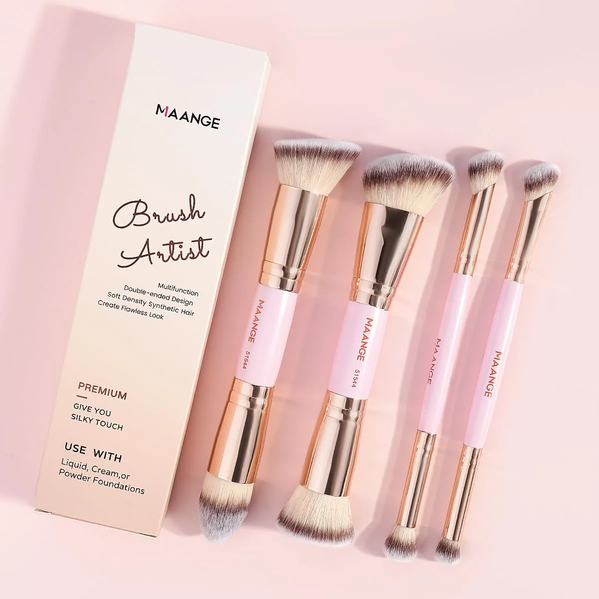 MAANGE Makeup Brushes Set, 4Pcs Premium Double-Ended Makeup Brush Foundation Contour Blush Highlight Blending Concealer Eyeshadow Brush Set Professional Face Brush Tools(Pink/Gold)