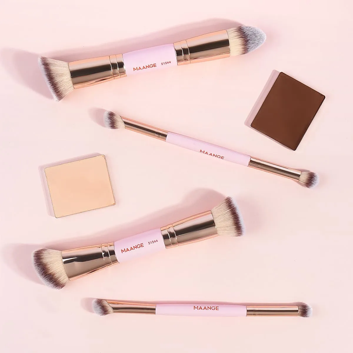MAANGE Makeup Brushes Set, 4Pcs Premium Double-Ended Makeup Brush Foundation Contour Blush Highlight Blending Concealer Eyeshadow Brush Set Professional Face Brush Tools(Pink/Gold)