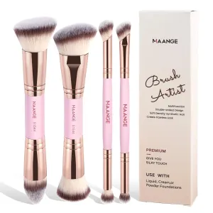 MAANGE Makeup Brushes Set, 4Pcs Premium Double-Ended Makeup Brush Foundation Contour Blush Highlight Blending Concealer Eyeshadow Brush Set Professional Face Brush Tools(Pink/Gold)