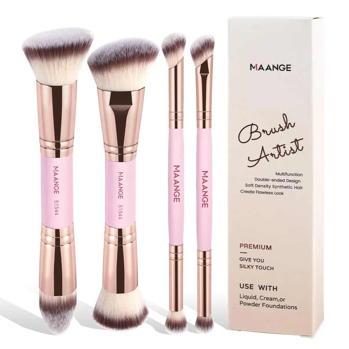 MAANGE Makeup Brushes Set, 4Pcs Premium Double-Ended Makeup Brush Foundation Contour Blush Highlight Blending Concealer Eyeshadow Brush Set Professional Face Brush Tools(Pink/Gold)
