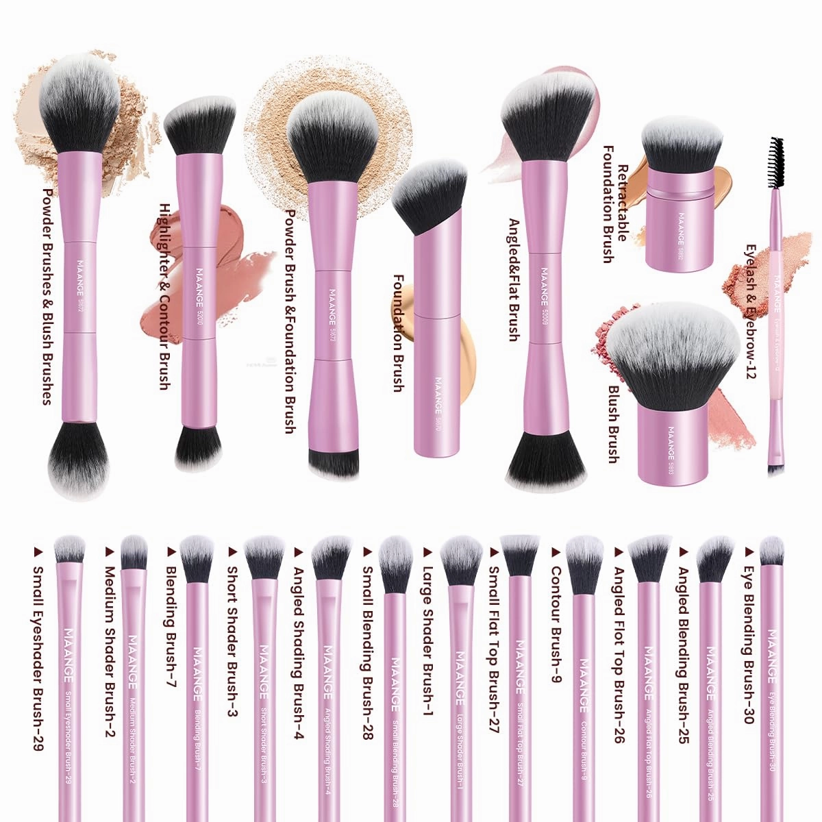 MAANGE 20 PCS Makeup Brush Set with Bag, Double-ended Kabuki Brush Foundation Contour Brush for Liquid Powder Concealer Eye Shadows Cream Cosmetics Blending Blush Face Makeup Tools with Case (Pink)