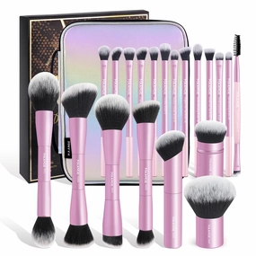 MAANGE 20 PCS Makeup Brush Set with Bag, Double-ended Kabuki Brush Foundation Contour Brush for Liquid Powder Concealer Eye Shadows Cream Cosmetics Blending Blush Face Makeup Tools with Case (Pink)