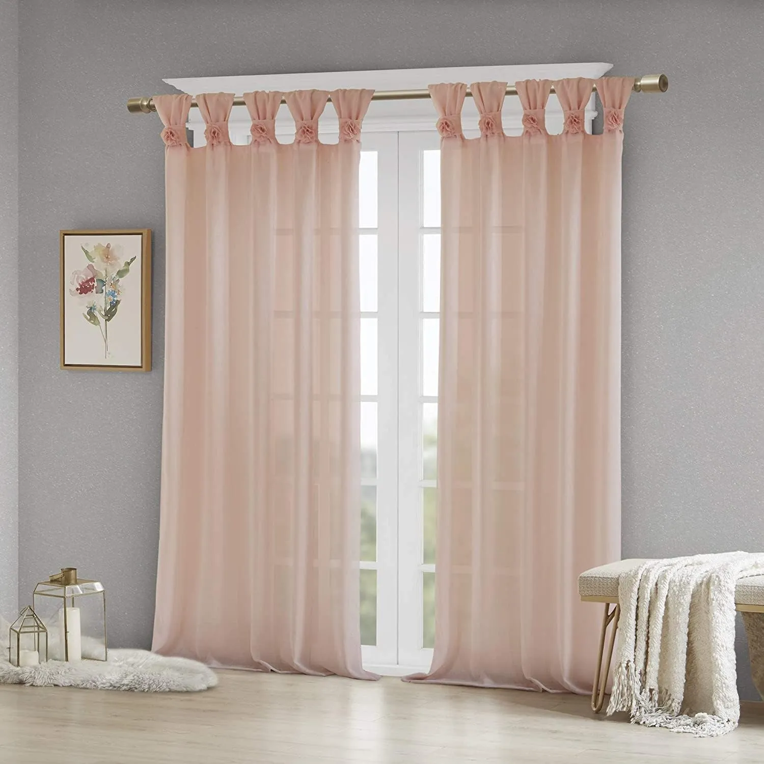 Madison Park Rosette Floral Embellished Cuff Tab Top Solid Single Window Treatments Sheer Curtain Panel Drape for Bedroom Living Room and Dorm, 50"x63", Blush