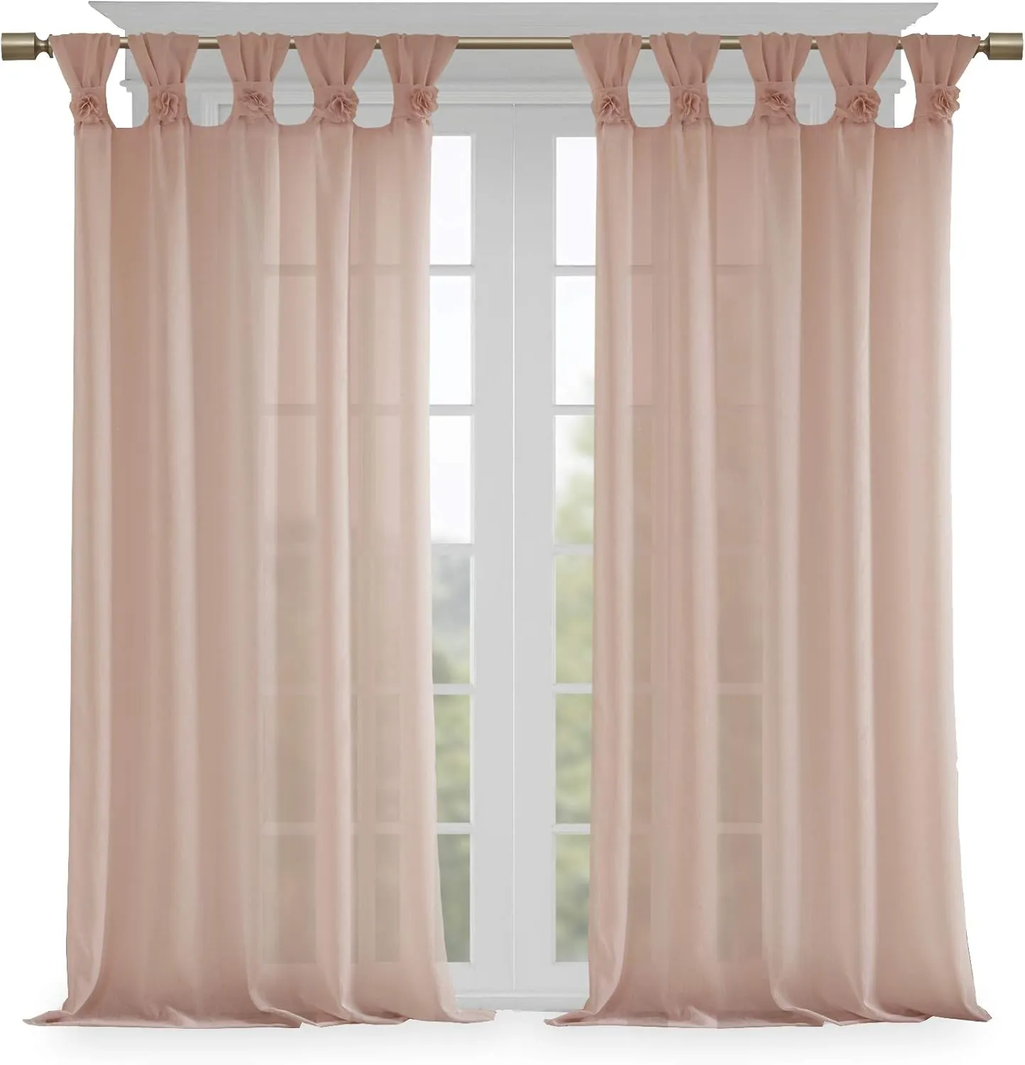 Madison Park Rosette Floral Embellished Cuff Tab Top Solid Single Window Treatments Sheer Curtain Panel Drape for Bedroom Living Room and Dorm, 50"x63", Blush