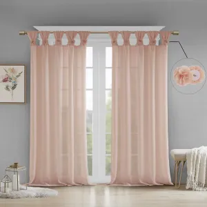 Madison Park Rosette Floral Embellished Cuff Tab Top Solid Single Window Treatments Sheer Curtain Panel Drape for Bedroom Living Room and Dorm, 50"x63", Blush