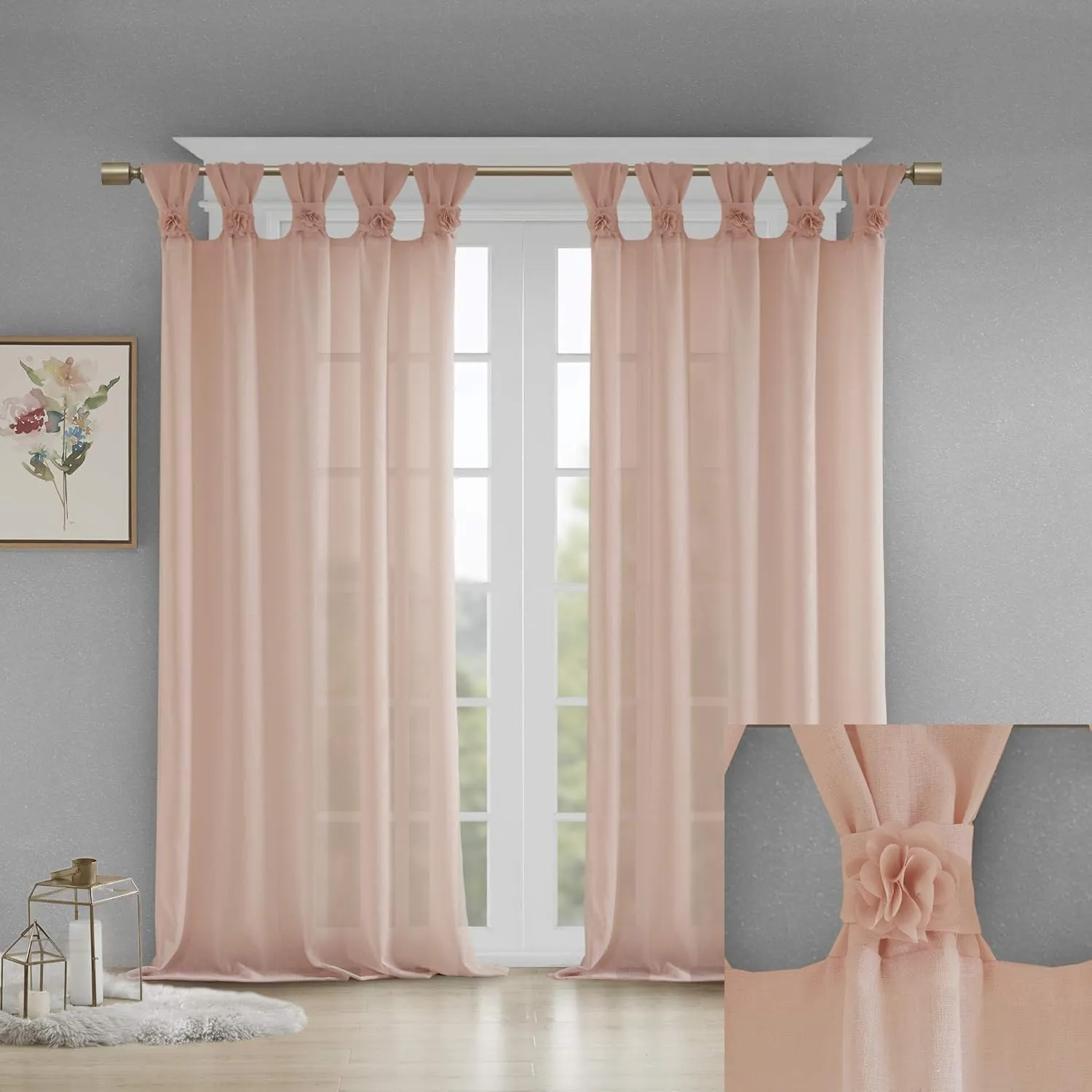 Madison Park Rosette Floral Embellished Cuff Tab Top Solid Single Window Treatments Sheer Curtain Panel Drape for Bedroom Living Room and Dorm, 50"x63", Blush