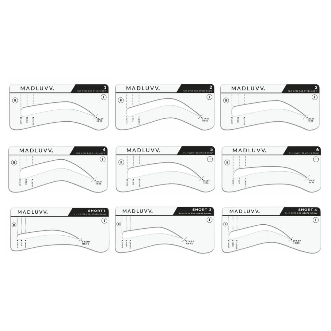 MADLUVV Eyebrow Stencil Kit - Easy-to-Use, Natural Look, 9 Popular Shapes, Used by Professionals - Includes Stamp, Stencils, Spoolie, and Travel Bag (Nearly Black)