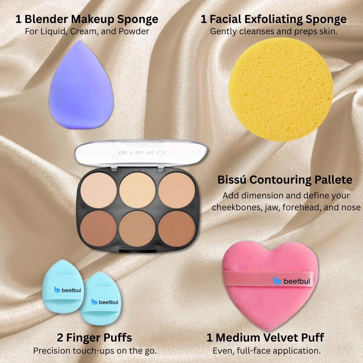 Makeup Kit Bissú Contour Palette   Velvet Puff   2 Finger Puffs   Makeup Sponge   Exfoliating Sponge (3 Styles) (03 Bronzed to Dark)