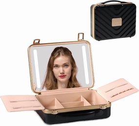 Makeup Bag with Mirror – Shockproof Aluminium Shell Travel Makeup Bag with Led Mirror, Snap Buckle & 4 Legs, Enjoy Portable Makeup Organizer with 6000mah Battery with Adjustable LED Light