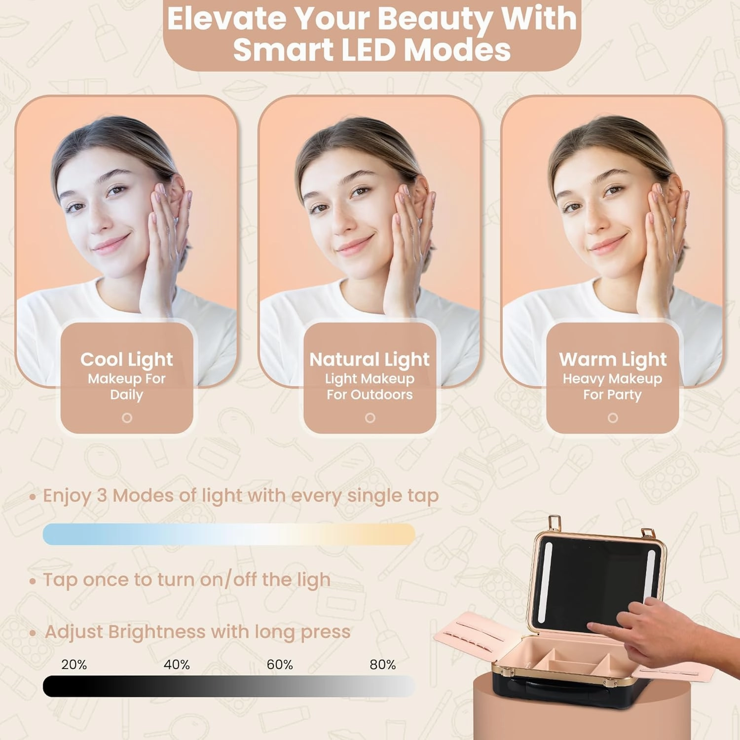 Makeup Bag with Mirror – Shockproof Aluminium Shell Travel Makeup Bag with Led Mirror, Snap Buckle & 4 Legs, Enjoy Portable Makeup Organizer with 6000mah Battery with Adjustable LED Light