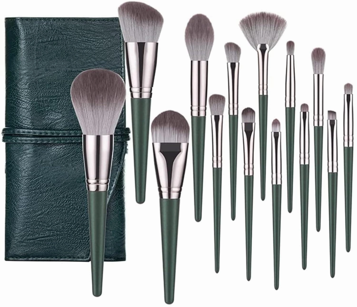 Makeup Brush 14 Brushes Set Green Large Loose Powder Highlighter Eyeshadow Foundation Contour