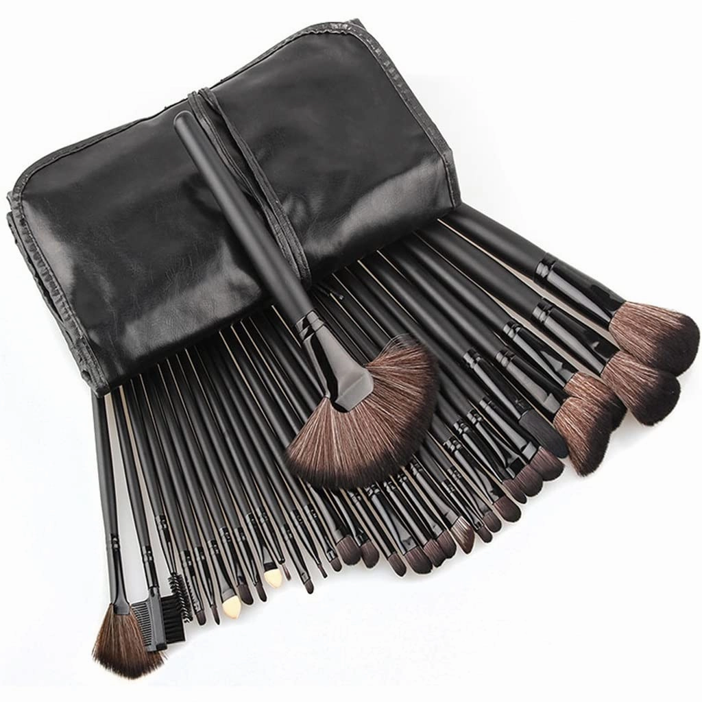 Makeup brush 32pcs Black Makeup Brushes Set Powder Blusher Contour Cosmetic Beauty Tools pincel Kit with Leather case, Brown(Brown)