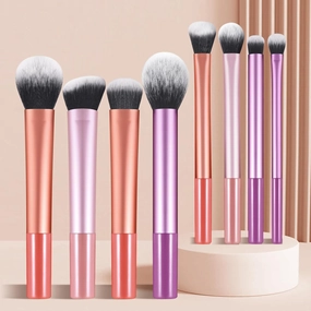 Makeup Brush Set with Beauty Sponges, 4 Professional Brushes, Dual-Color Metallic Handle, Pink and Rose Gold (8-color mixed long tube professional makeup set)
