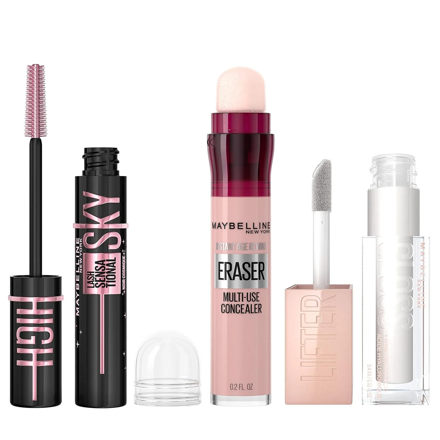 Maybelline Lash Sensational Sky High Washable Mascara, Cosmic Black   Instant Age Rewind Eraser Dark Circles Treatment Multi-Use Concealer, 160  Lifter Gloss, Pearl, Silver Pearl Clear Bundle