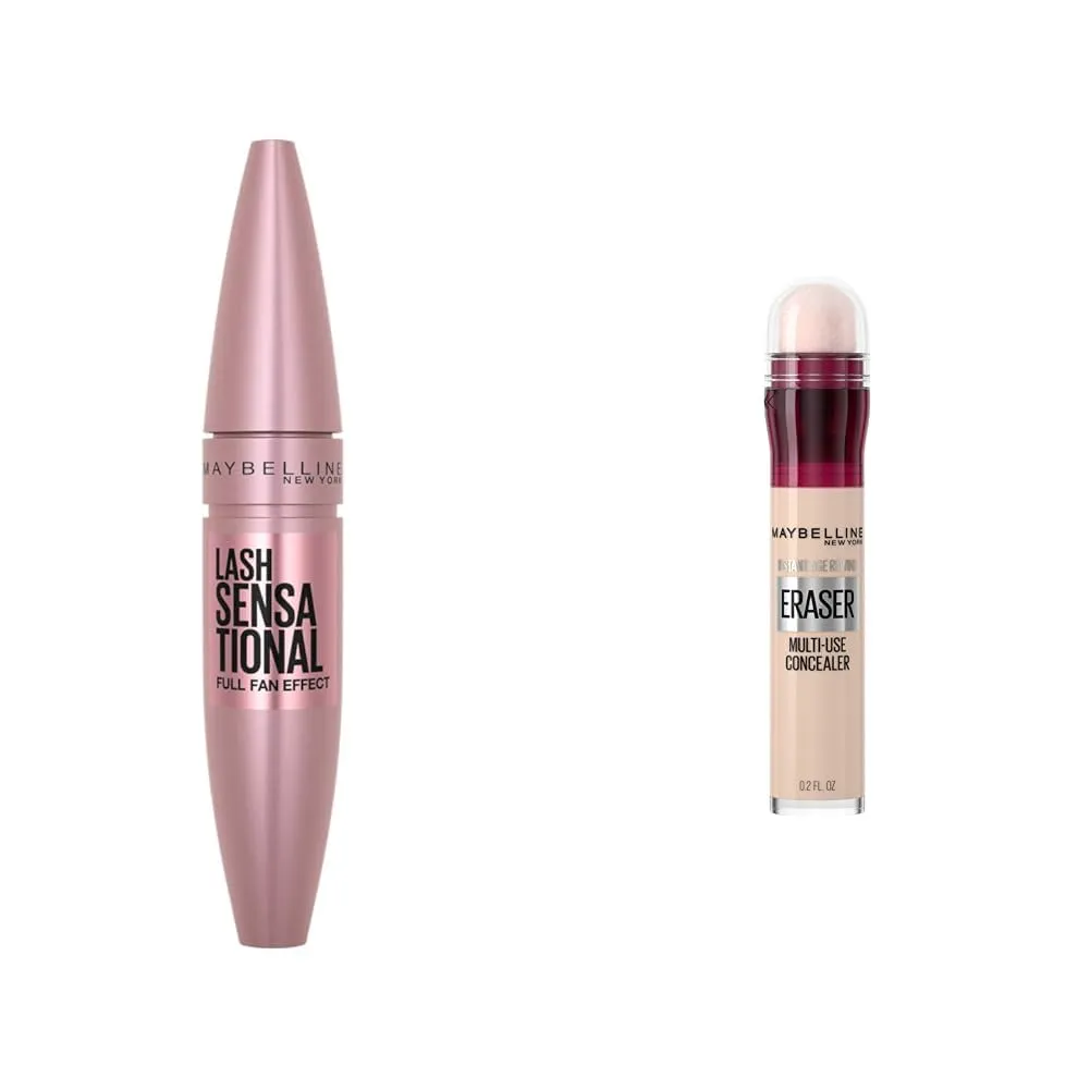 Maybelline Lash Sensational Washable Mascara, Lengthening and Volumizing for a Full Fan Effect & Instant Age Rewind Eraser Dark Circles Treatment Multi-Use Concealer, 110, 1 Count