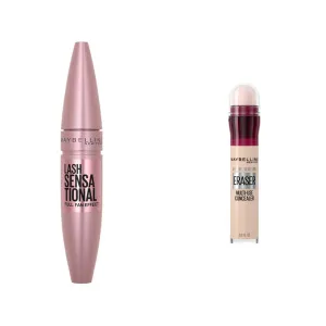 Maybelline Lash Sensational Washable Mascara, Lengthening and Volumizing for a Full Fan Effect & Instant Age Rewind Eraser Dark Circles Treatment Multi-Use Concealer, 110, 1 Count