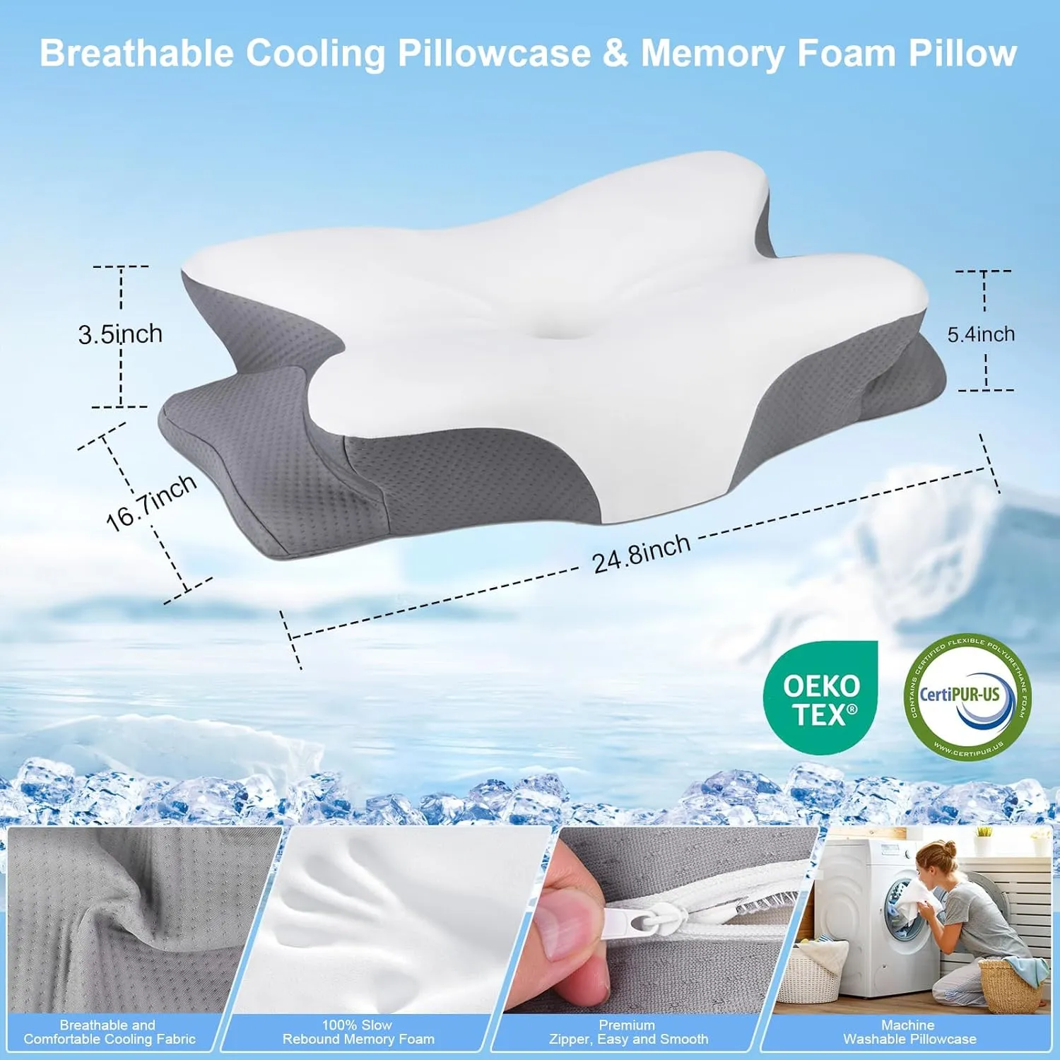 Memory Foam Pillows, Ergonomic Pillow for Neck Pain Relief, Bed Pillow for Sleeping, Cervical Neck Pillow for Side, Back, Stomach Sleeper with Cool Pillowcase, Side Sleeper Pillows for Adults