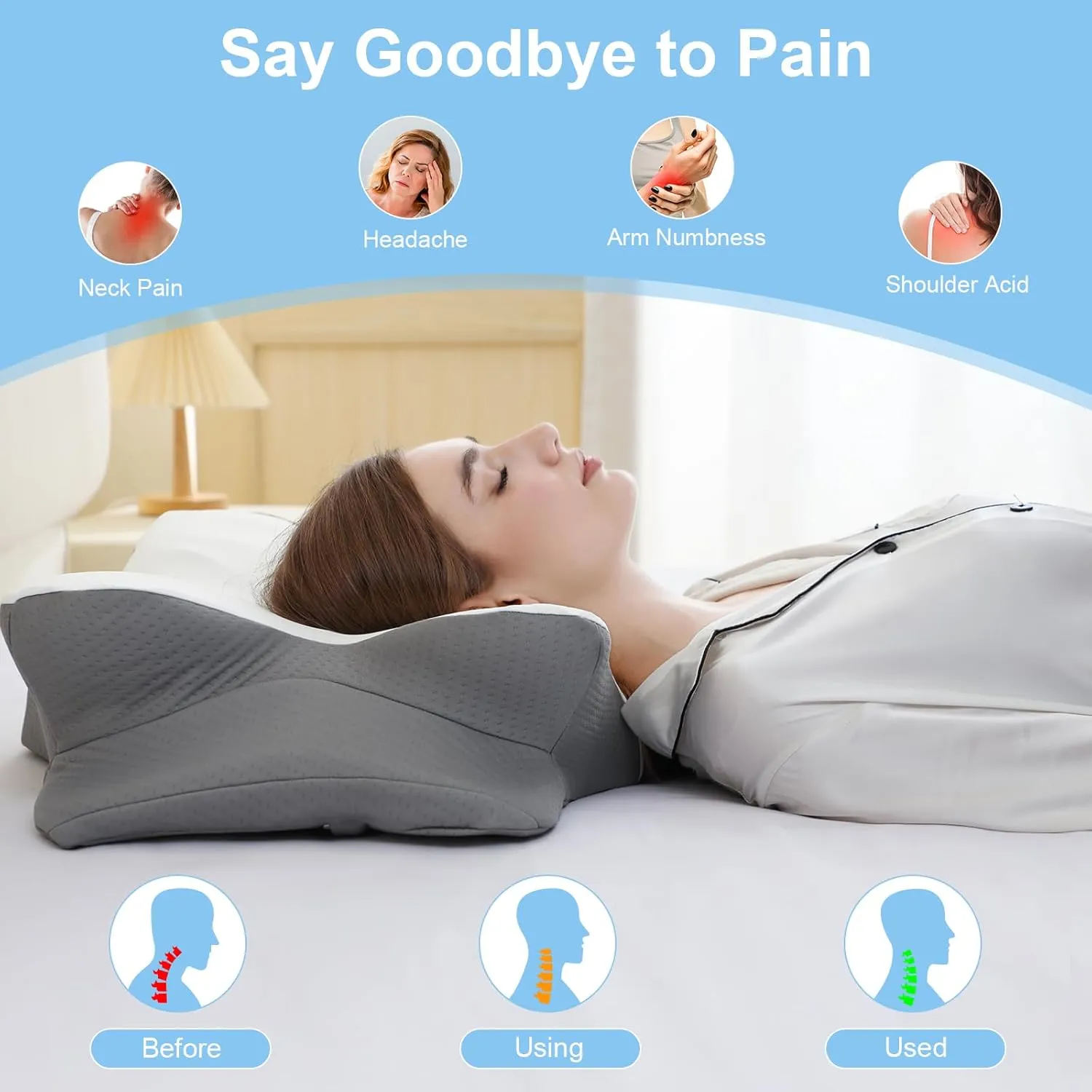Memory Foam Pillows, Ergonomic Pillow for Neck Pain Relief, Bed Pillow for Sleeping, Cervical Pillow for Side Back Stomach Sleeper with Pillowcase, Side Sleeper Pillows for Adults (White, Cool Grey)