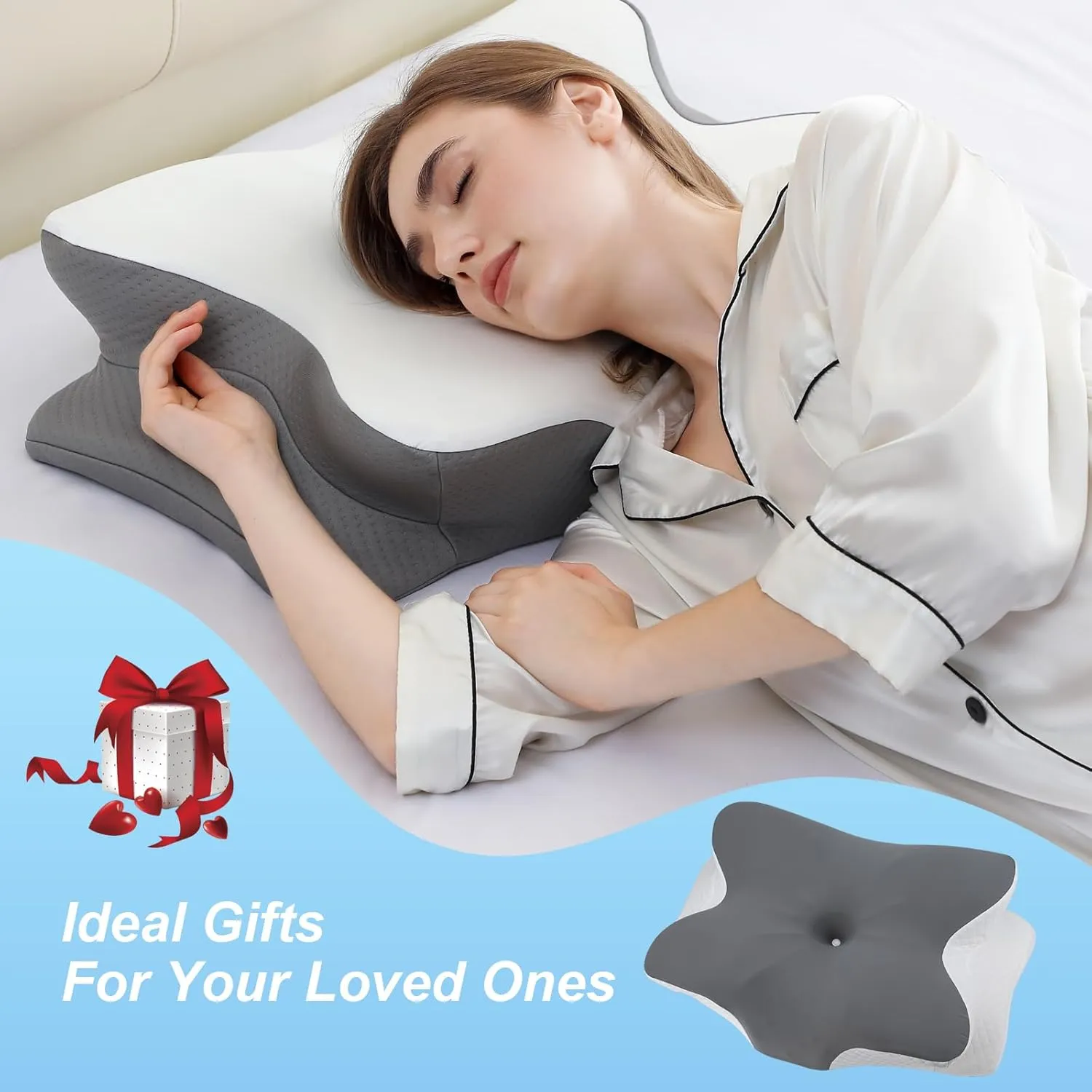 Memory Foam Pillows, Ergonomic Pillow for Neck Pain Relief, Bed Pillow for Sleeping, Cervical Pillow for Side Back Stomach Sleeper with Pillowcase, Side Sleeper Pillows for Adults (White, Cool Grey)