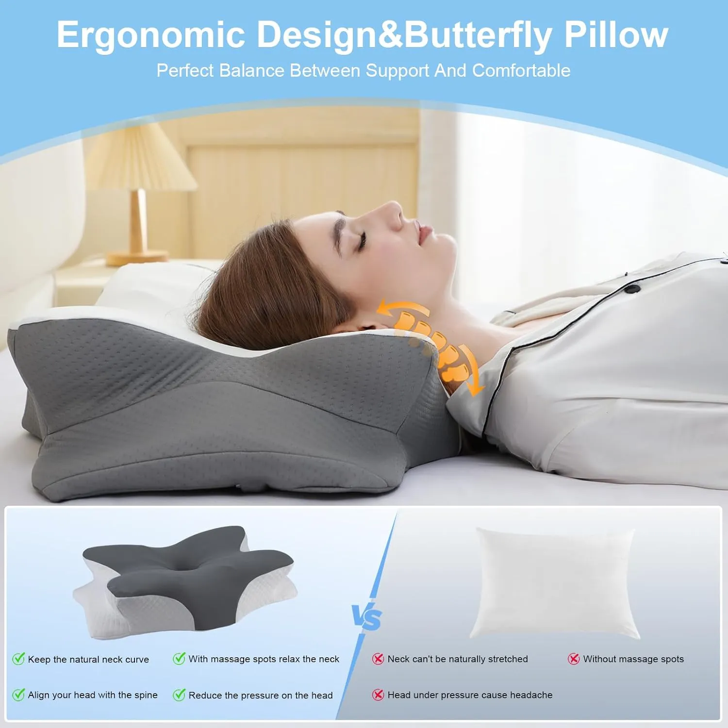 Memory Foam Pillows, Ergonomic Pillow for Neck Pain Relief, Bed Pillow for Sleeping, Cervical Pillow for Side Back Stomach Sleeper with Pillowcase, Side Sleeper Pillows for Adults (White, Cool Grey)