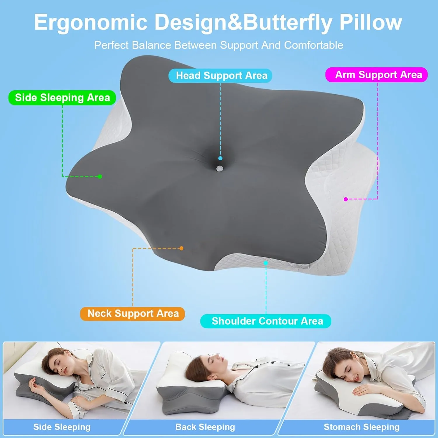 Memory Foam Pillows, Ergonomic Pillow for Neck Pain Relief, Bed Pillow for Sleeping, Cervical Pillow for Side Back Stomach Sleeper with Pillowcase, Side Sleeper Pillows for Adults (White, Cool Grey)