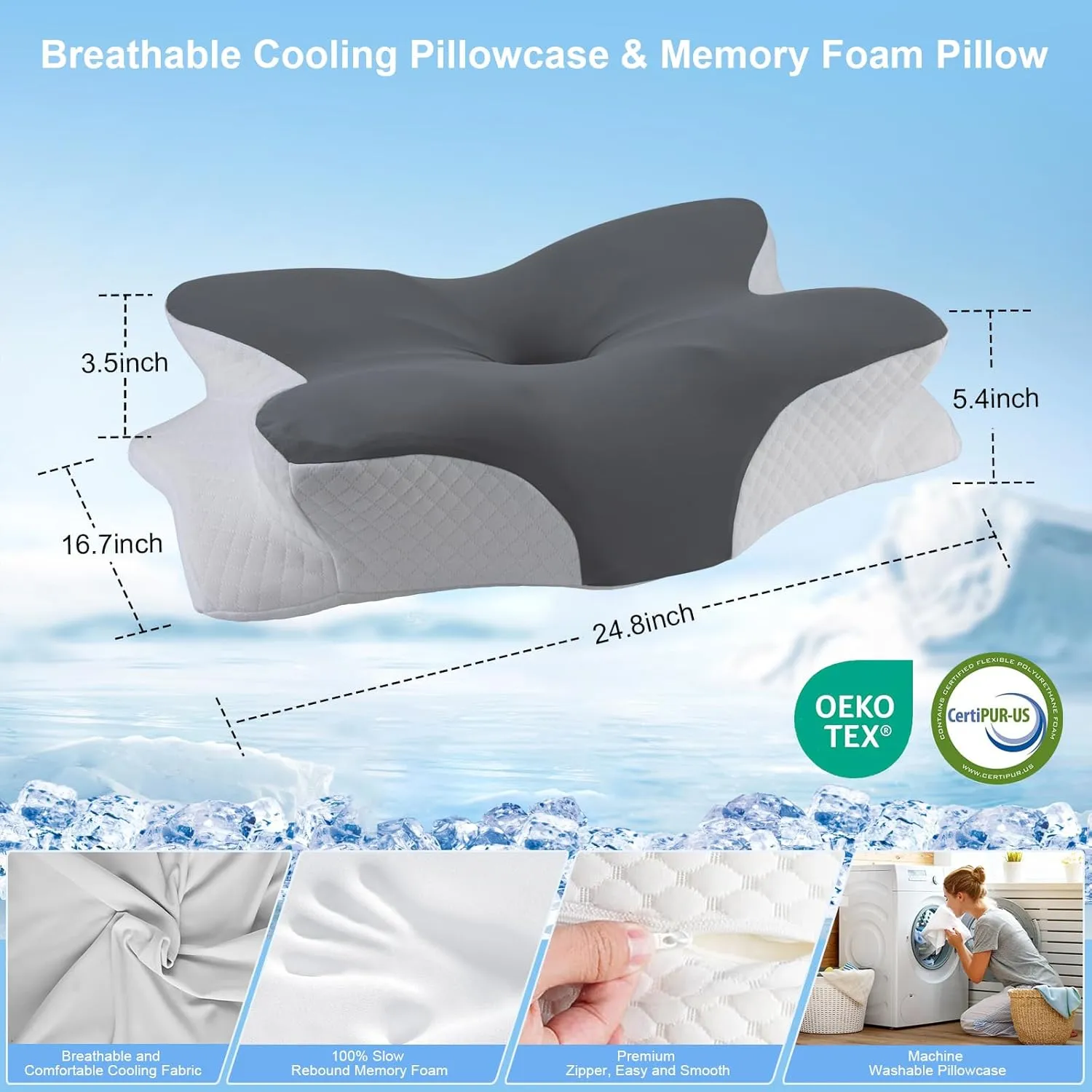 Memory Foam Pillows, Ergonomic Pillow for Neck Pain Relief, Bed Pillow for Sleeping, Cervical Pillow for Side Back Stomach Sleeper with Pillowcase, Side Sleeper Pillows for Adults (White, Cool Grey)