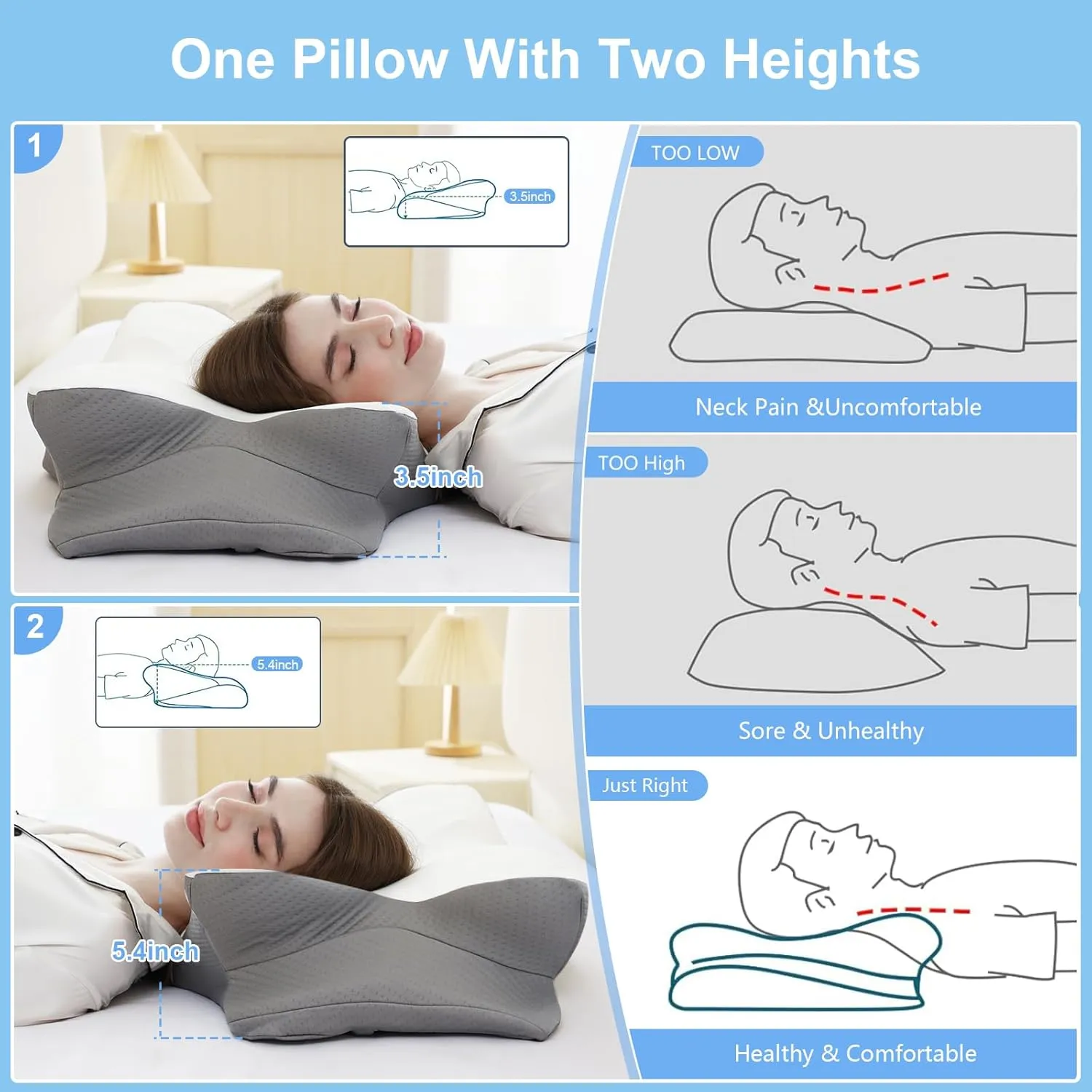 Memory Foam Pillows, Ergonomic Pillow for Neck Pain Relief, Bed Pillow for Sleeping, Cervical Pillow for Side Back Stomach Sleeper with Pillowcase, Side Sleeper Pillows for Adults (White, Cool Grey)