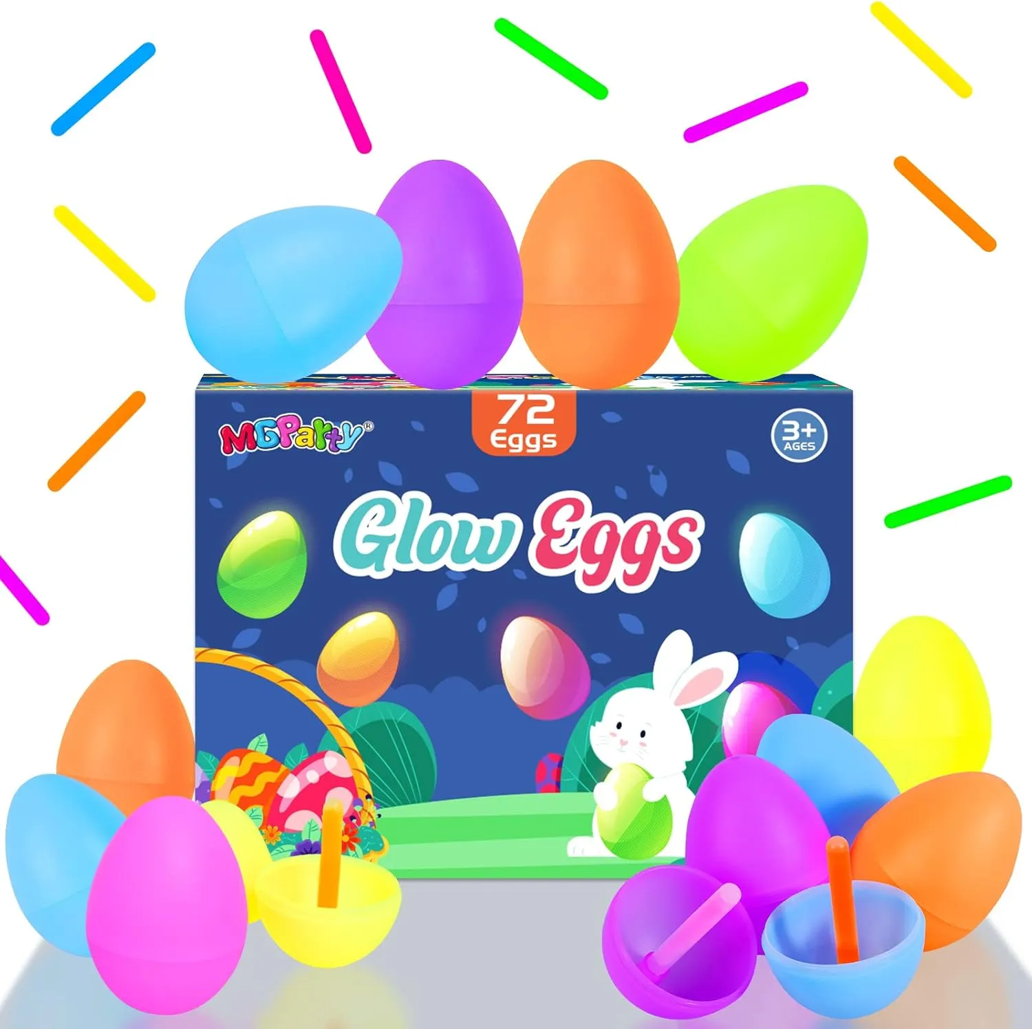 MGparty 72 Easter Glow Eggs with 108 Mini Glow Sticks for Kids Glow-in-The-Dark Easter Egg Hunt, Easter Basket Stuffers Fillers, Party Favors, Classroom Prizes, and Game Supplies