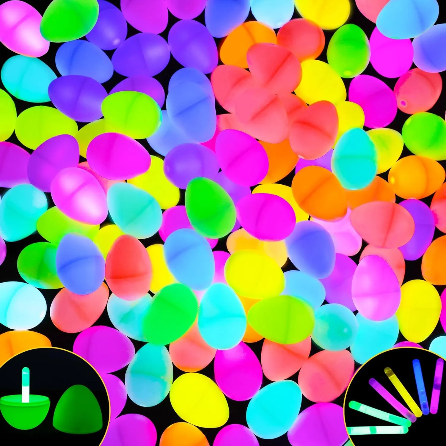 MGparty Glow in The Dark Easter Egg Hunt Set - 144 Fillable Plastic Eggs with 288 Mini Glow Sticks for Kids - Easter Basket Stuffers, Party Favors, Classroom Prizes, and Game Supplies