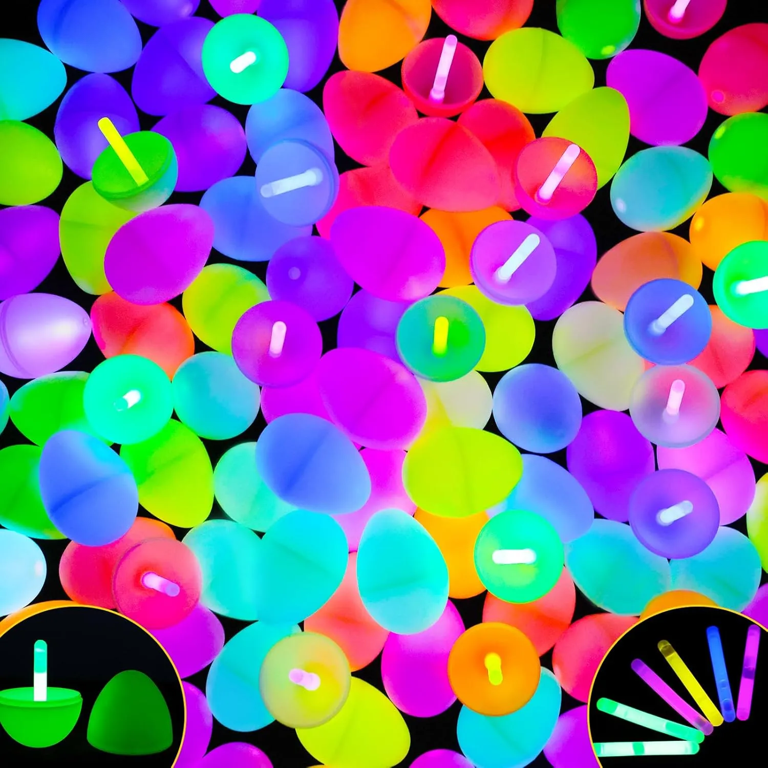 MGparty Glow in The Dark Easter Eggs, 48 Plastic Eggs with 96 Mini Glow Sticks for Kids Easter Basket Stuffers Party Favors Egg Hunt Supplies and Easter Decorations