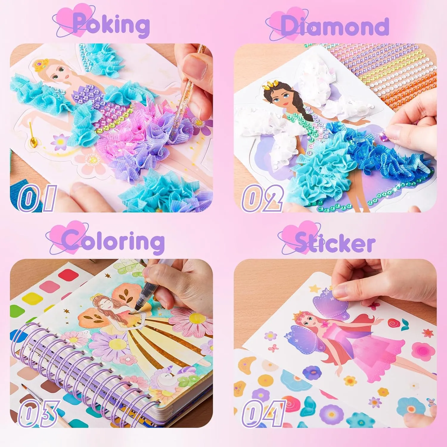 MIROLA KIDS 4 in 1 Poke Fun Art Kits for Girls, Magic Princess Crafts for Kids Ages 4-8, DIY Activity with Princess Stickers, Watercolor Paint, Diamond Art Gifts for 4 5 6 7 8  Year Old Girls