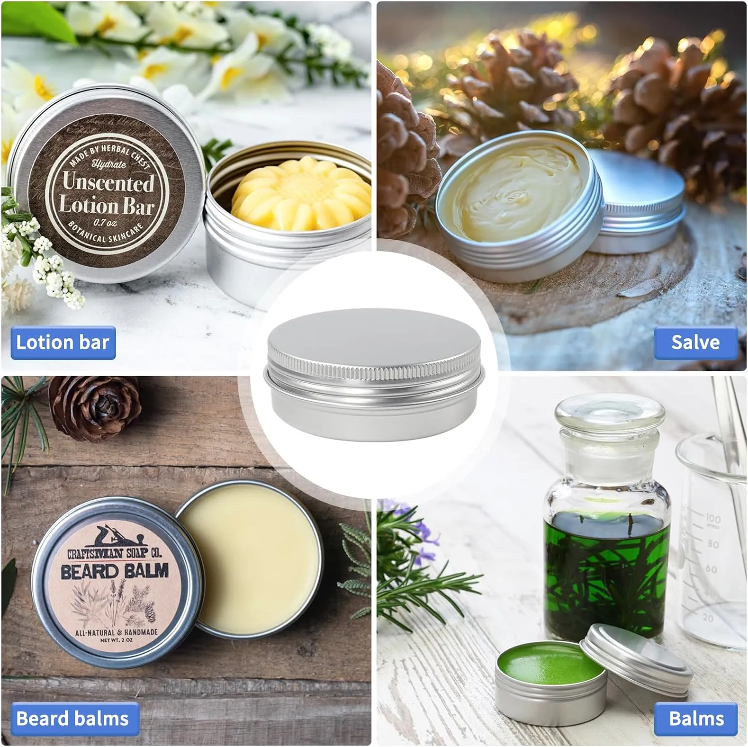 Moretoes 60 Pack Tins, 2Oz Metal Round Tins, Aluminum Tin Cans Containers with Screw Lid for Lotion Bars, Balms, Salve, Spices or Beard Balm
