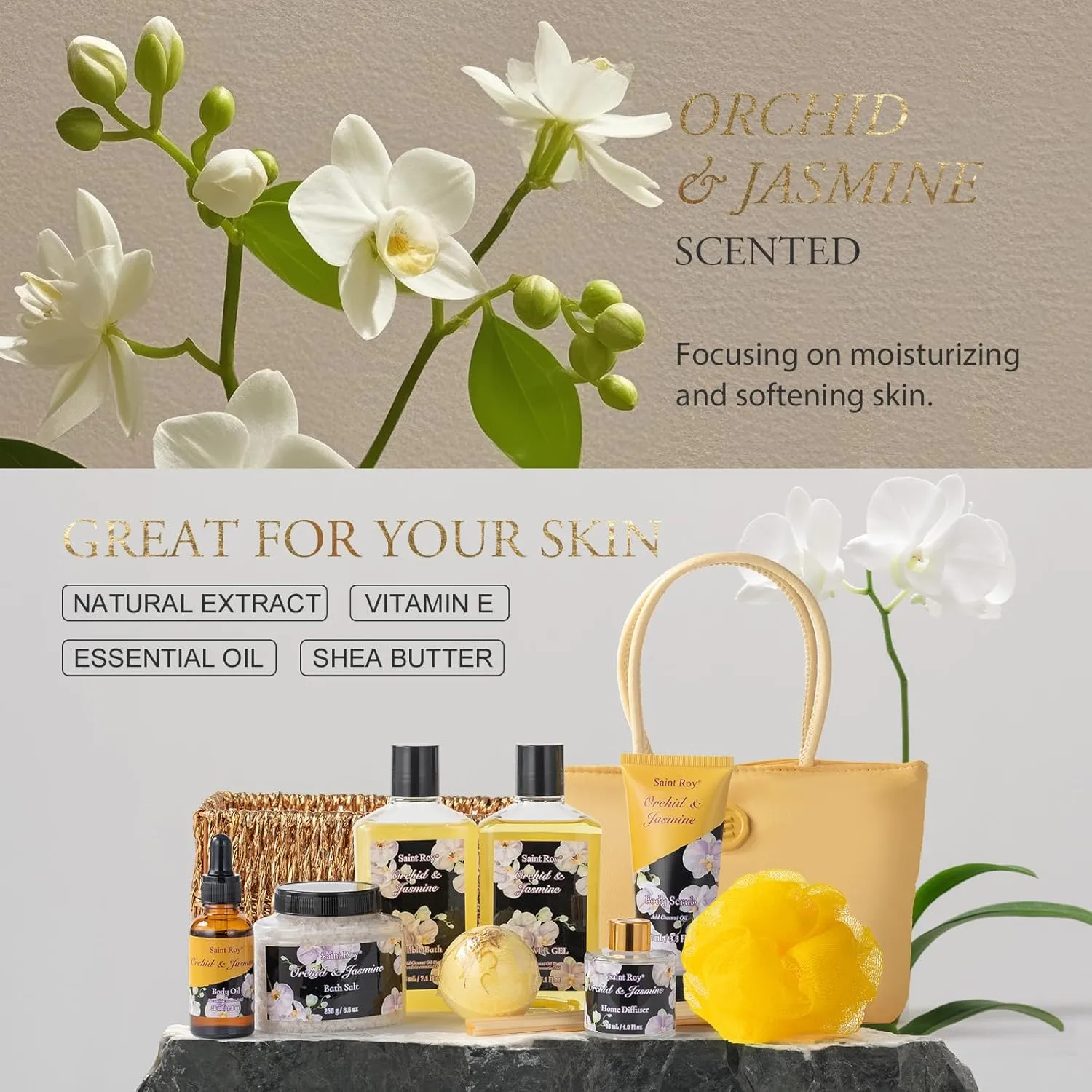 Mother's Day Gift for Mom Bath and Body Gift Basket Orchid & Jasmine Spa Gift Baskets for Women Fragrant Body Lotions, Bath Bomb, Home Spa Gift Basket Rich in Jojoba oil & Shea Butter, Bath Kit Sets
