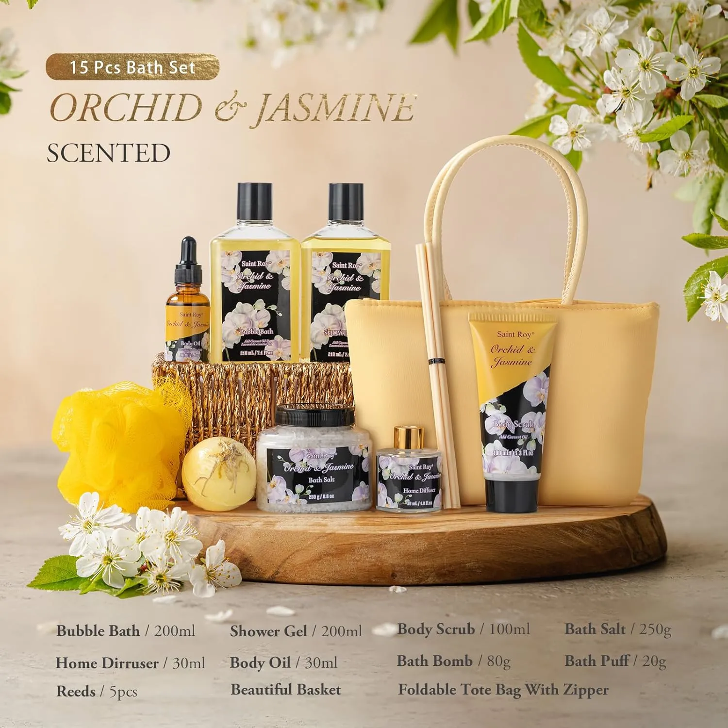 Mother's Day Gift for Mom Bath and Body Gift Basket Orchid & Jasmine Spa Gift Baskets for Women Fragrant Body Lotions, Bath Bomb, Home Spa Gift Basket Rich in Jojoba oil & Shea Butter, Bath Kit Sets
