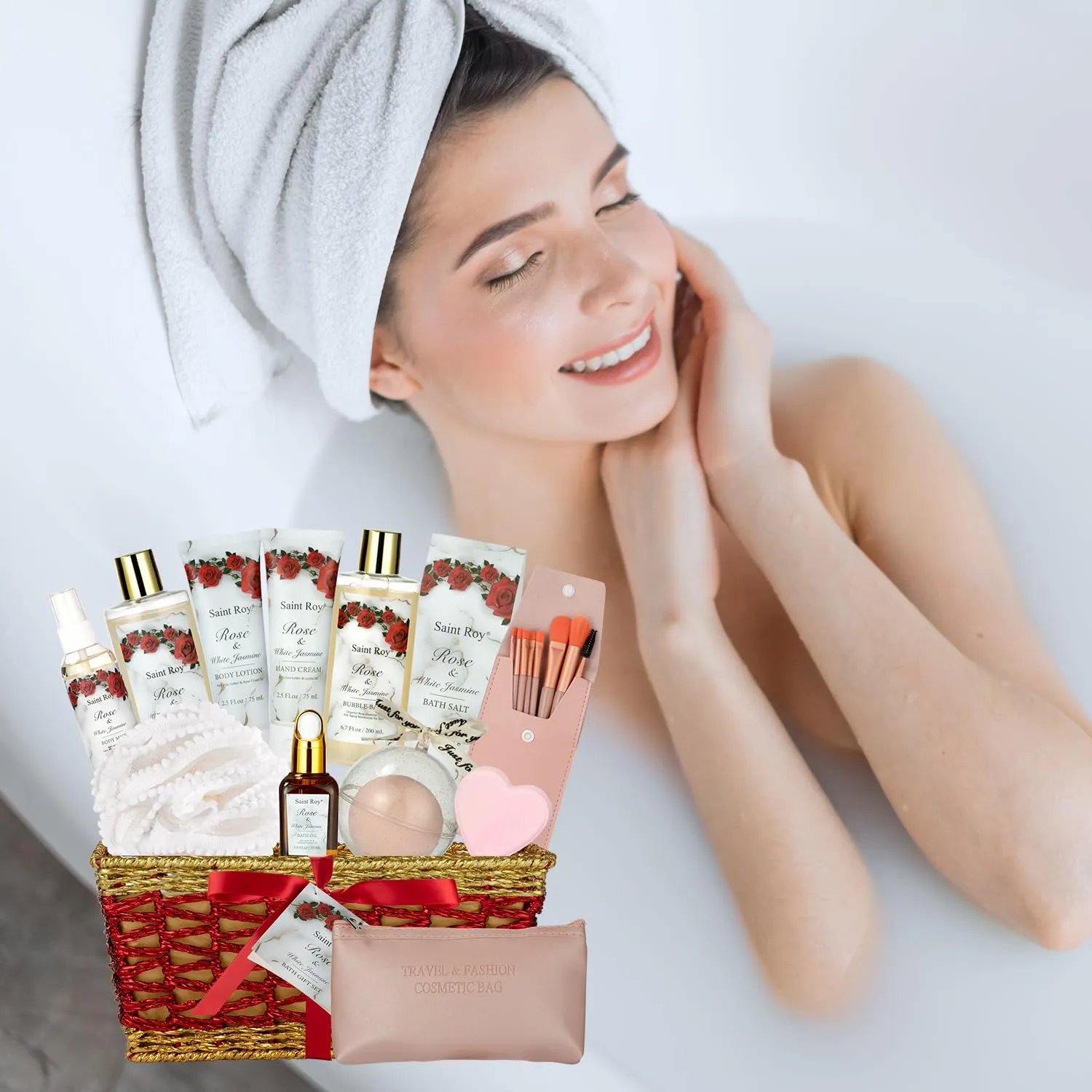 Mother's Day Gifts for Mom Bath and Body Gift Basket For Women, 21 Pcs Rose Jasmine self care basket Bath Spa Kit beauty sets, Friendship Birthday Gifts